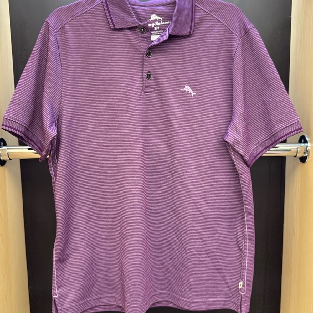 TOMMY BAHAMA Men's Polo Shirt Purple/White Striped Size S NEW